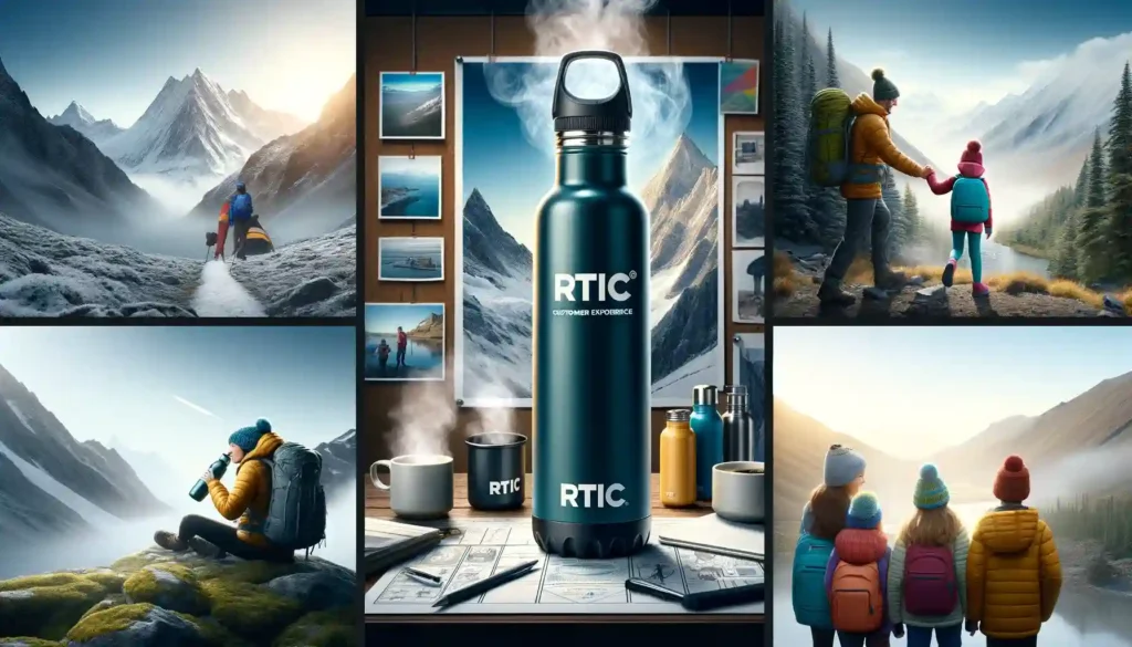 An RTIC water bottle featured in diverse settings: on a snowy mountain hike, at an office desk, and with children on a day trip.