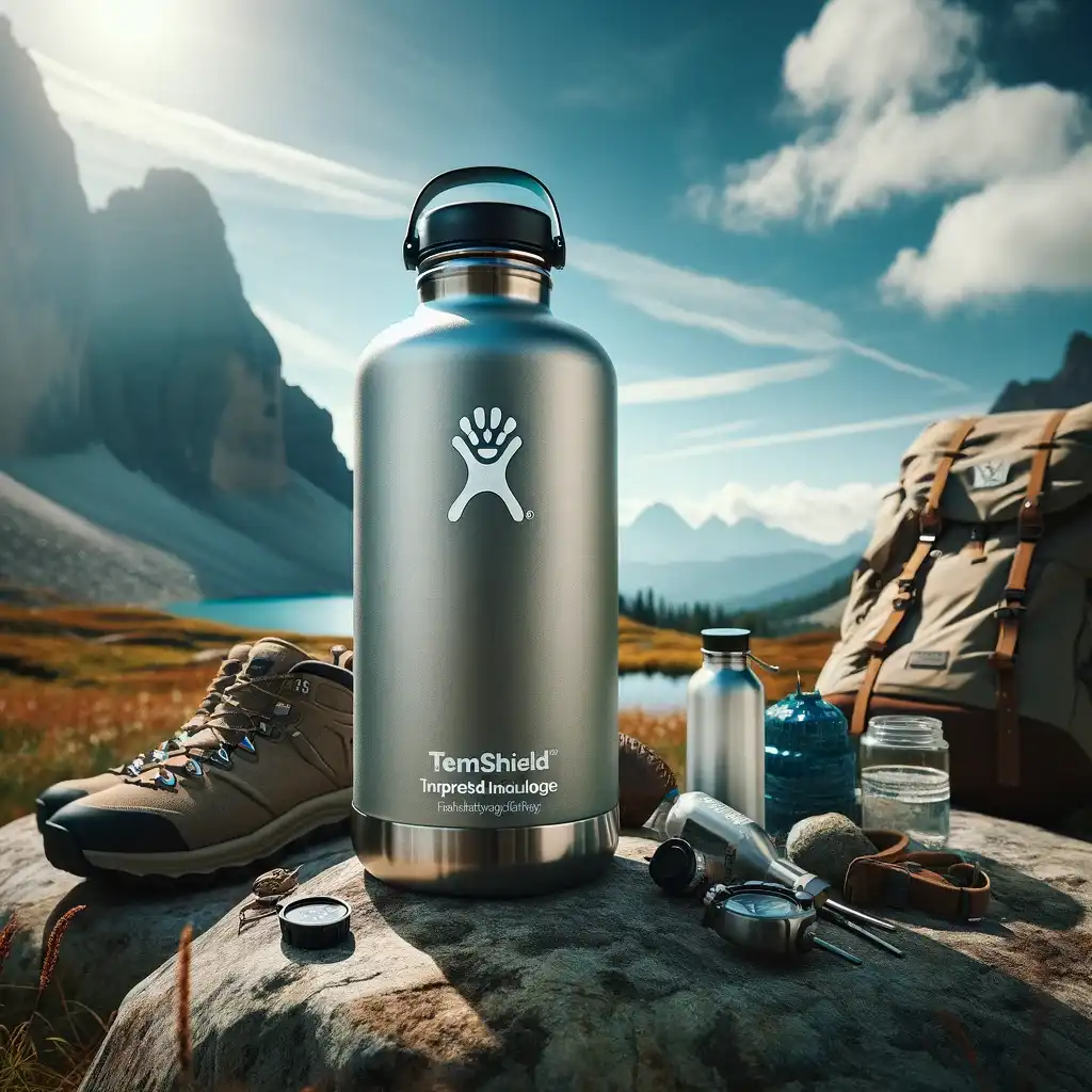 Gallon-sized Hydro Flask on a rock with mountains and blue sky in the background, symbolizing outdoor adventure hydration.