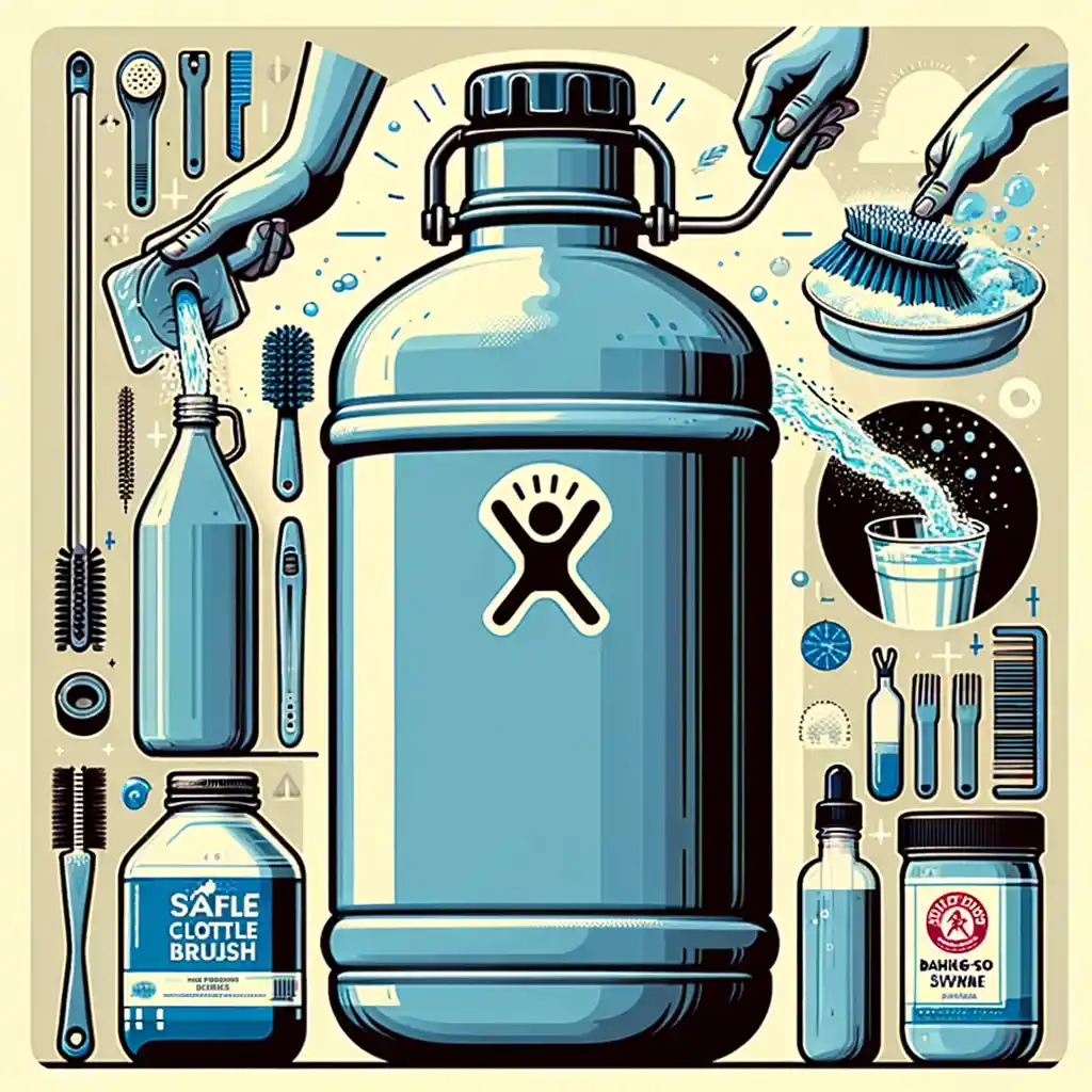 Hydro Flask cleaning process with tools and cleaning agents.