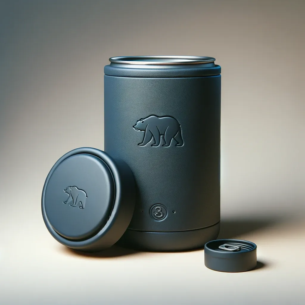 Navy blue cylindrical can cooler with embossed bear logo and detached lid.