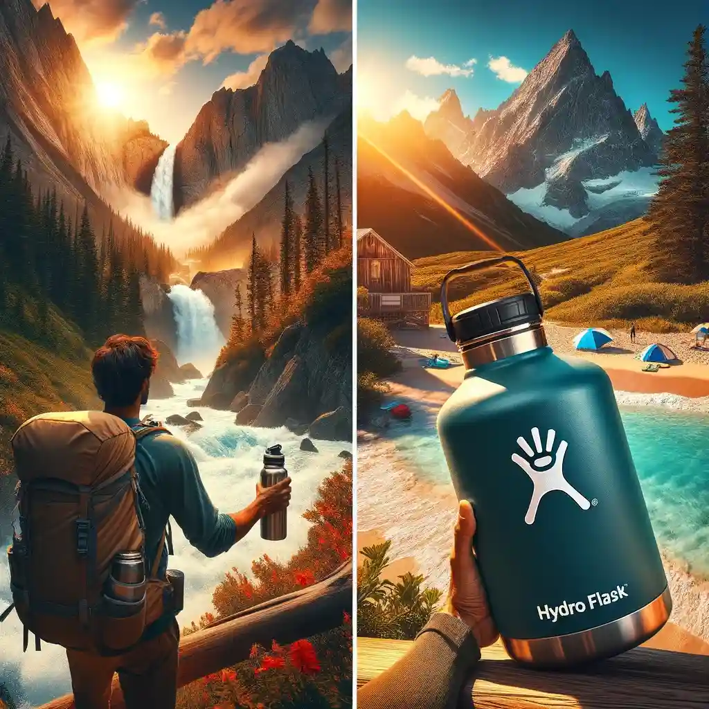 Adventurer with a gallon Hydro Flask on a mountain hike and beach day, showcasing hydration in style.