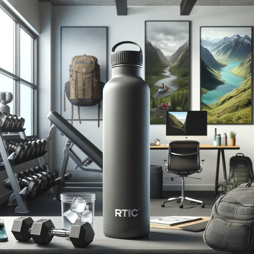 An RTIC matte gray water bottle with a wide mouth and black leak-proof cap, displayed across a gym, office, and outdoor setting, highlighting its versatility and ease of use.