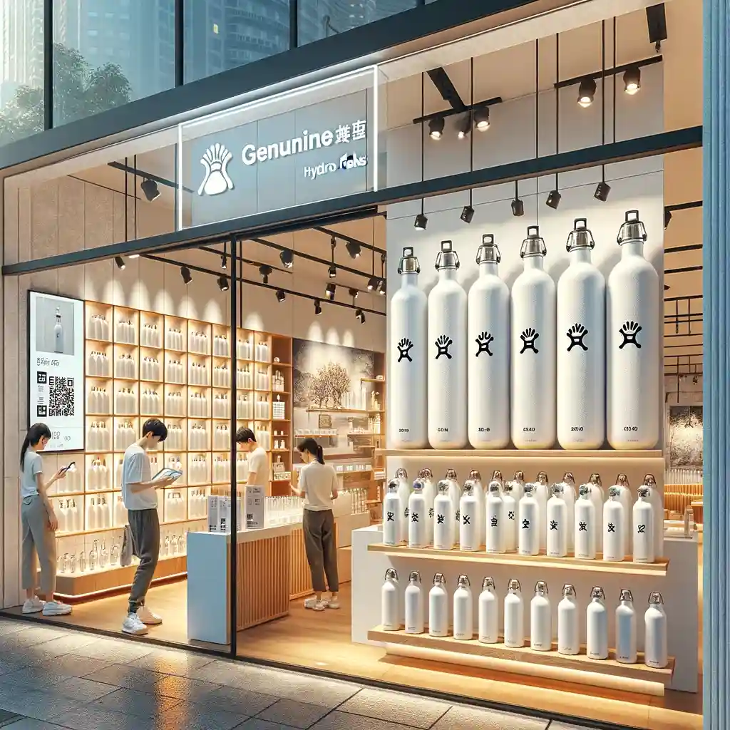 A modern, brightly lit store selling genuine white Hydro Flasks. Shelves display bottles with unique serial numbers or QR codes, and an outdoor digital sign advertises promotions.