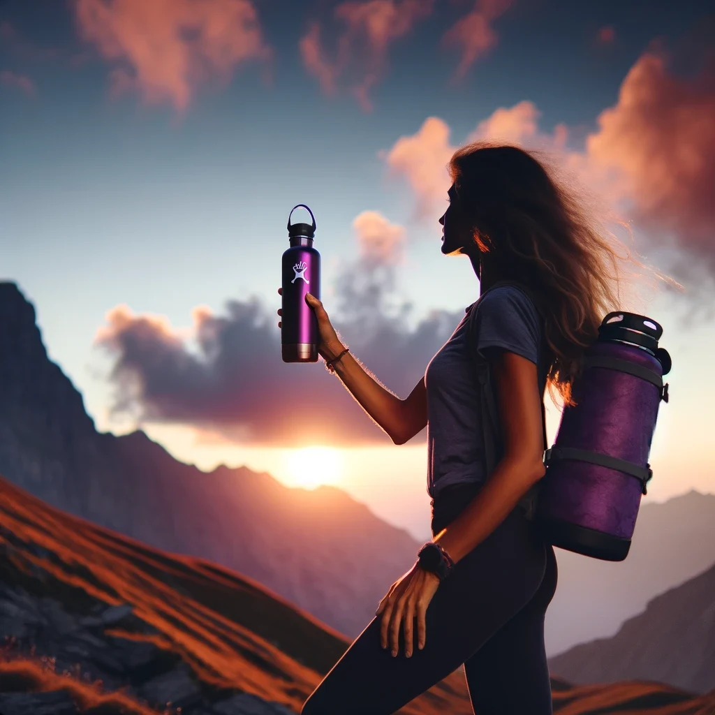 Adventurous Woman with Purple Hydro Flask on Mountain