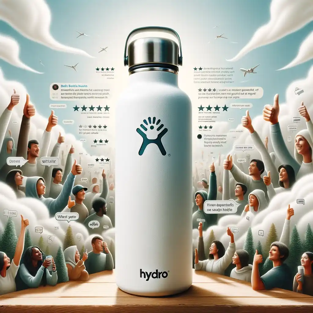 Artistic representation of positive user feedback on the White Hydro Flask, showcasing its temperature control, stylish design, and hydration benefits, with symbols of satisfaction and loyalty.