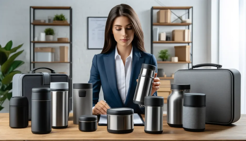 Certified professional woman displaying Miir insulated containers on a table in a modern office.