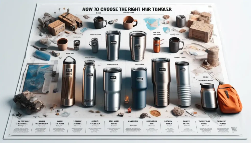 Selection of Miir tumblers in various sizes and designs, suited for different settings like office, outdoors, and coffee breaks, highlighting features like size, durability, and insulation.