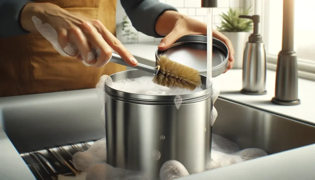 Person cleaning a Miir container with a bottle brush and soapy water in a modern kitchen.