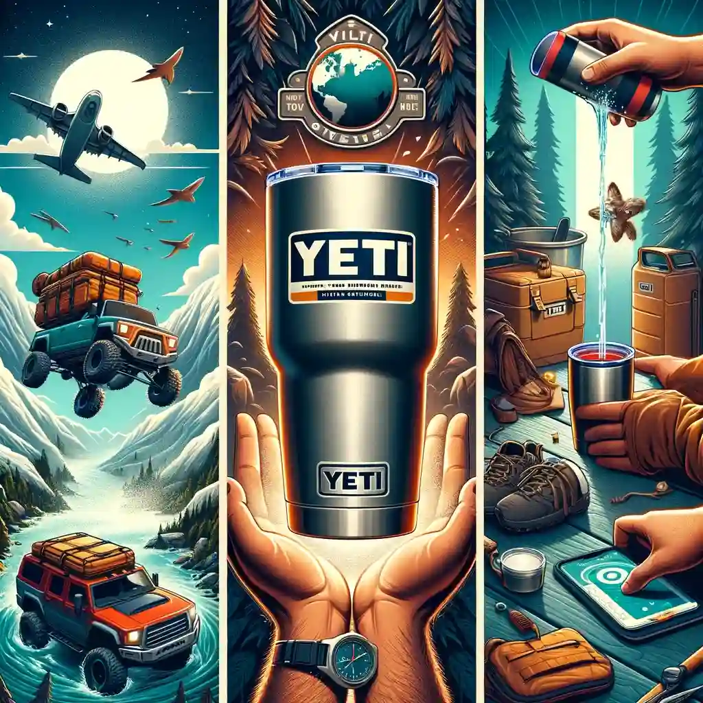 Adventure, Care, and "A composite image showing the Yeti 16-oz tumbler in outdoor adventure, being washed, and prepped for optimal performance, illustrating its versatility.