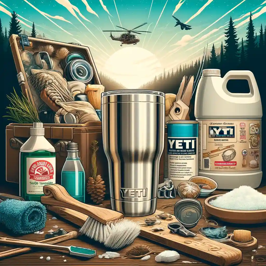 A sparkling clean Yeti 20 oz Tumbler next to a dish brush and a mixture of baking soda and vinegar, set against an adventurous outdoor backdrop, symbolizing proper care and maintenance.