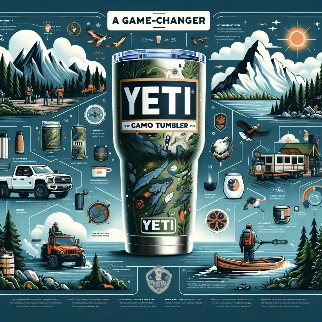 Infographic detailing the Yeti Camo Tumbler's features, including insulation technology, durability, and camo design, set against illustrations of outdoor activities like trekking, mountain climbing, and lakeside relaxation.