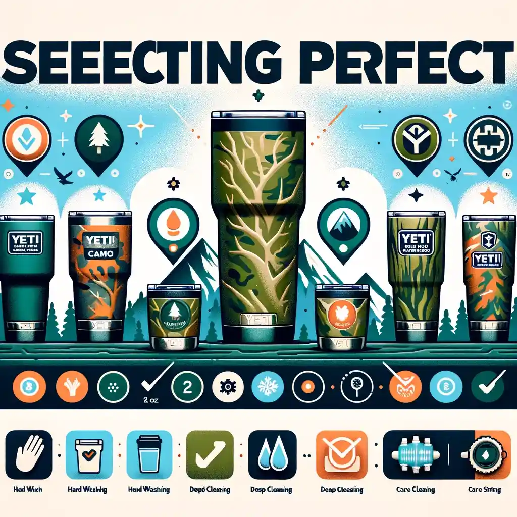 Infographic showcasing the selection process for the Yeti Camo Tumbler, featuring 20 oz and 30 oz sizes suitable for various activities, camo patterns for different environments, and care instructions.