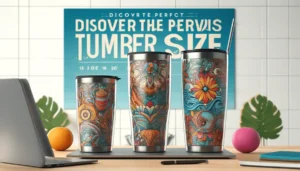 Three Tervis tumblers in 12 oz, 16 oz, and 24 oz sizes displayed with vibrant patterns and accessories like lids and straws against a modern background.