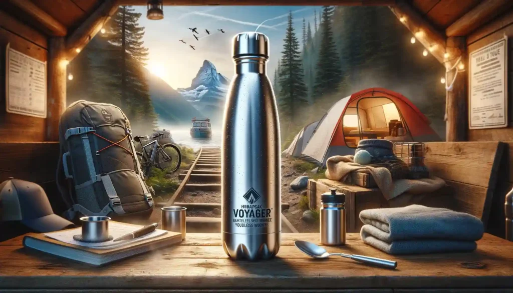 HydraPeak Voyager stainless steel water bottle displayed in an outdoor setting, with hiking trails, a campsite, and a beach in the background, emphasizing its durability and insulation.