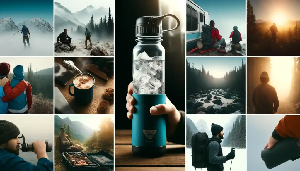 HydraPeak Voyager water bottle used by hikers in mountains, campers at a campsite, and a commuter in an urban setting, showcasing its durability and insulation capabilities.