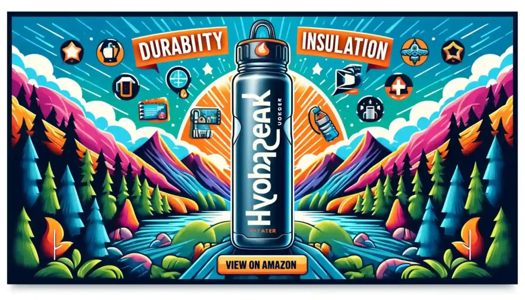 Promotional banner for HydraPeak Voyager water bottle, featuring the product with durability, insulation, and versatility icons, against a vibrant outdoor backdrop, with 'View on Amazon' in bold fonts.