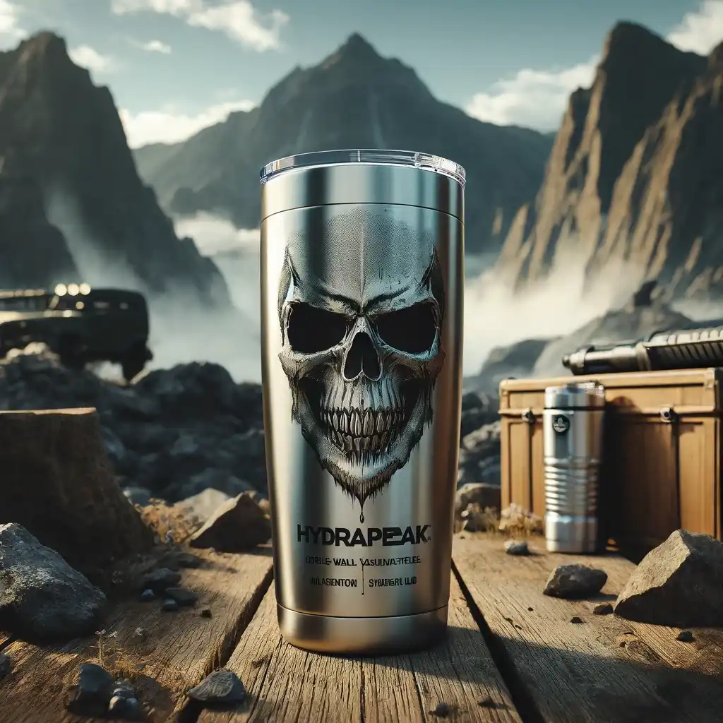 HydraPeak skull tumbler on a rustic wooden table against a backdrop of mountains and forest, highlighting its rugged and stylish design suitable for outdoor adventures.