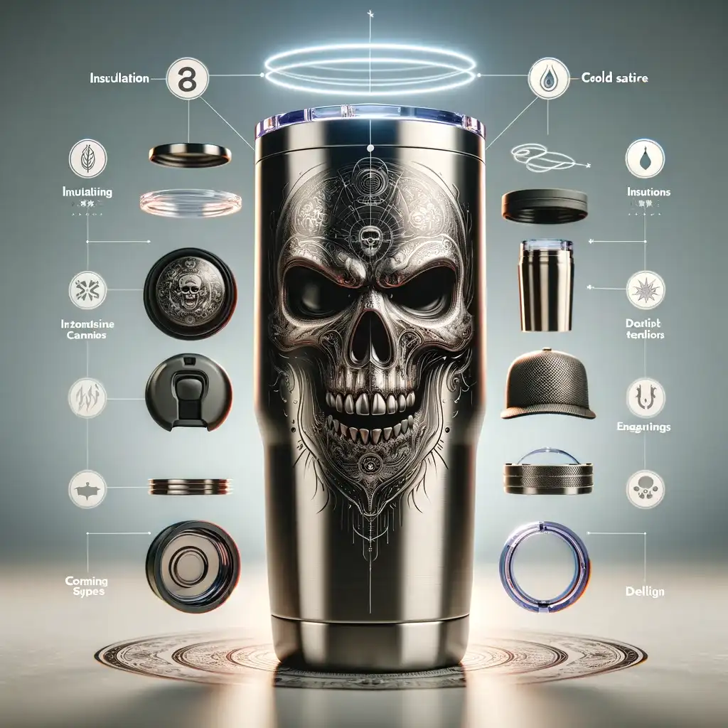 DALL·E 2024 04 14 04.53.12 A visually engaging and detailed image that illustrates the key features of a high quality tumbler. The image should show a stainless steel tumbler wi 1