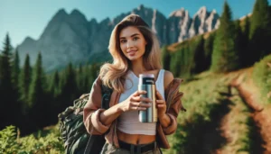 Woman on an adventure trip holding an Owala 40 oz tumbler in a scenic natural setting