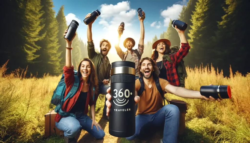 A group of happy travelers outdoors, each raising a hand while holding a black Miir 360 Traveler, expressing joy and togetherness.