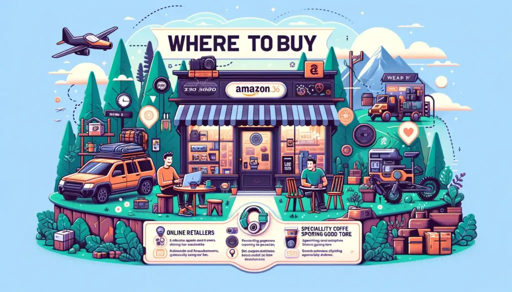 Infographic displaying purchase options for the Miir 360 Traveler: Online Retailers like Amazon, Outdoor and Sporting Goods Stores, and Specialty Coffee Shops and Eco-Friendly Stores.