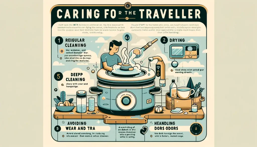 Infographic showing maintenance tips for the Miir 360 Traveler, including regular cleaning, deep cleaning with baking soda, air drying, careful handling to avoid wear, proper storage, and odor management using lemon juice.