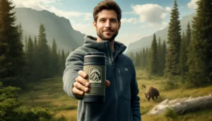 Man in outdoor attire holding a Miir Camp Cup in a natural setting, showcasing the cup's design and utility during a camping trip.