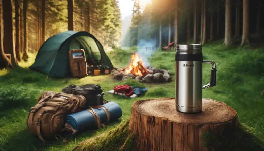 Camping scene showing a tent, campfire, and a Miir Camp Cup on a wooden stump, highlighting essential outdoor gear.