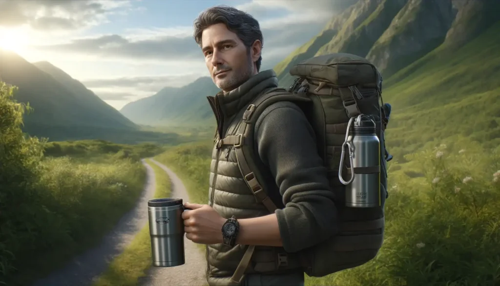 A camper, middle-aged Caucasian male in hiking gear, with a Miir Camp Cup attached to his backpack via a carabiner on a scenic hiking trail.