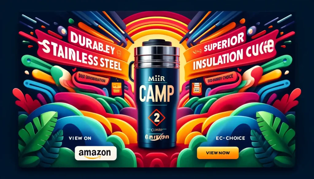 Colorful advertisement banner for the Miir Camp Cup featuring key features like durability and insulation, with a 'View on Amazon' button.