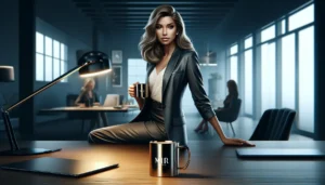 Confident businesswoman in stylish office setting with a prominently displayed Miir coffee mug on her desk.