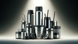 Assorted Miir double-walled vacuum insulated containers with different lids, including slide and straw lids, displayed against a minimalist background.