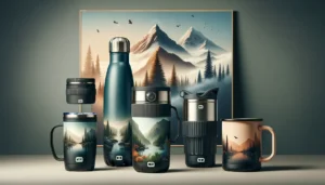 Composite image featuring four Miir tumblers: a sleek Miir 360 Traveler, a robust 23 Oz Vacuum Insulated Bottle, an elegant Coffee Mug for coffee enthusiasts, and a rugged Camp Cup for outdoor use.