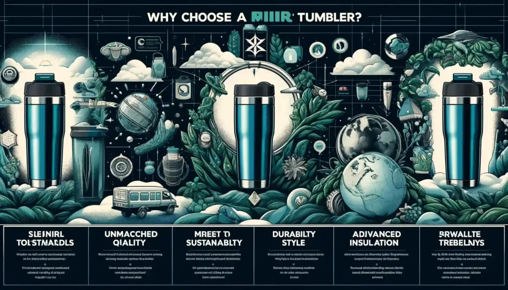 Infographic showcasing the benefits of Miir Tumblers, highlighting unmatched quality and sustainability, durability with style, and advanced insulation technology.