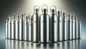 A lineup of Contigo stainless steel water bottles in sizes ranging from 16 oz to 64 oz, showcasing their sleek metallic finishes and capacity labels.