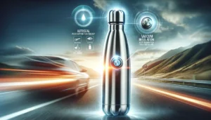 Contigo AutoSeal stainless steel water bottle with push button and vacuum insulation technology in an outdoor setting.