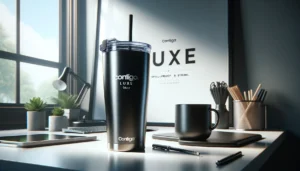 Contigo Luxe Tumbler with spill-proof lid and straw, displayed in a modern setting, ideal for travel and office use.