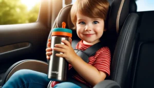 Young child in car seat drinking from a Contigo 14 oz tumbler, emphasizing safety and convenience.