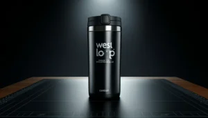 Black Contigo West Loop 16 oz Stainless Steel Travel Mug with AUTOSEAL Lid, showcasing sleek design and reflective metallic finish.