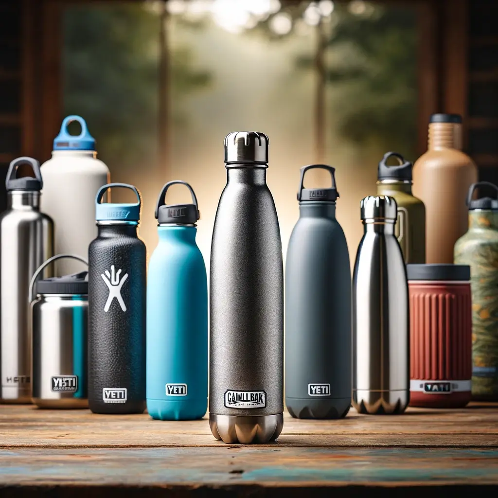 Insulated water bottles comparison on a rustic table, featuring CamelBak Chute Mag 25 oz in the center.