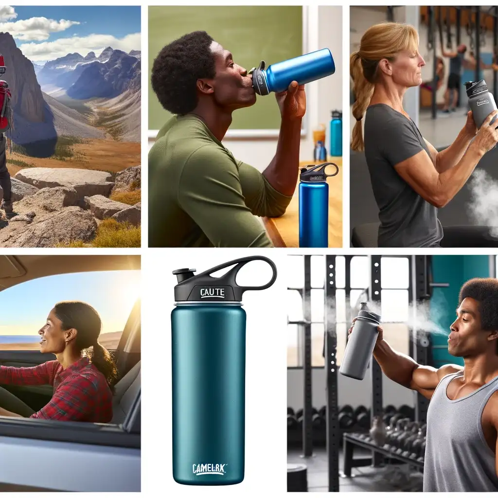 Collage of a male hiker, a female teacher, and a male gym-goer using the CamelBak Chute Mag 25 oz Water Bottle in different settings.