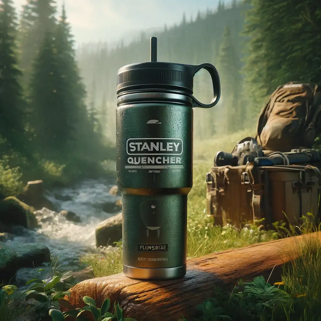 Stanley Quencher tumbler with ergonomic handle and FlowState lid in an outdoor hiking environment.