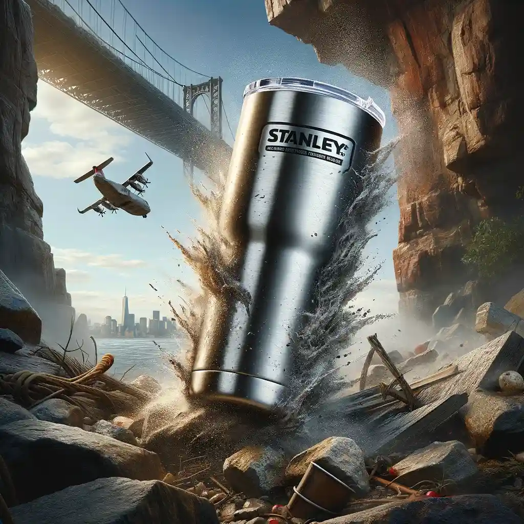 A Stanley tumbler made from high-grade stainless steel, shown surviving a drop in a rugged outdoor environment with a cityscape in the background, demonstrating its durability and insulation capabilities.