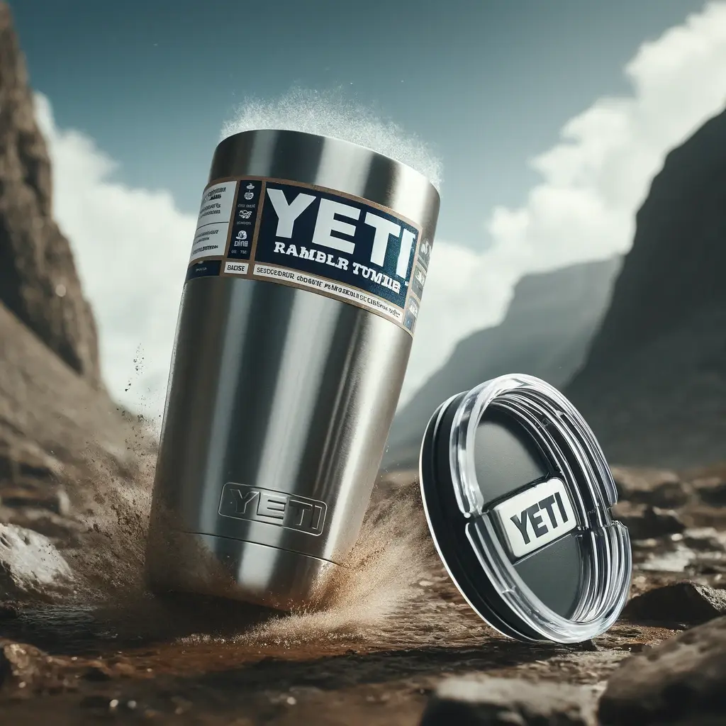 DALL·E 2024 04 30 01.05.55 A robust Yeti Rambler tumbler made of kitchen grade stainless steel noticeably thicker than standard tumblers. It features a MagSlider lid with a mag 1