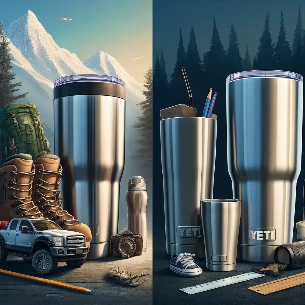 A large Stanley Quencher in a mountain setting for outdoor activities next to smaller Yeti Ramblers in urban settings, illustrating their use in a car and by a commuter.