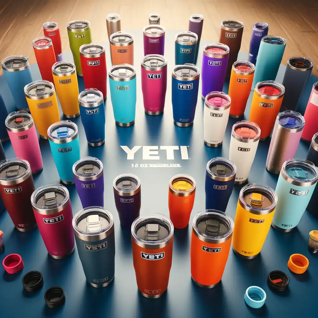 A collection of Yeti 16 oz tumblers in a variety of models and colors, displayed against a modern background to highlight the diversity of the range.