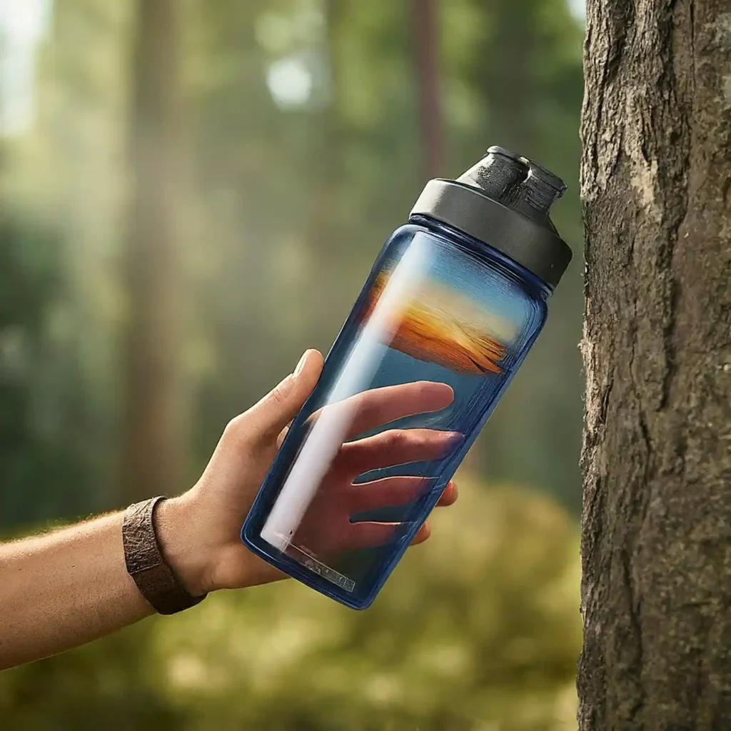 A four-panel comic following a person throughout their day. They reach for a water bottle that transforms into a colorful Tervis bottle, take a refreshing sip with a healthy glow, and a montage shows others using Tervis bottles in various activities.