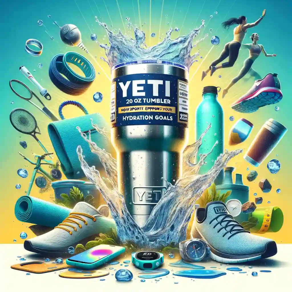 A Yeti 20 oz Tumbler filled with water, surrounded by symbols of hydration and wellness including water droplets, a yoga mat, running shoes, and a fitness tracker, against a vibrant, health-themed backdrop with the text 'Hydrate with Yeti'.