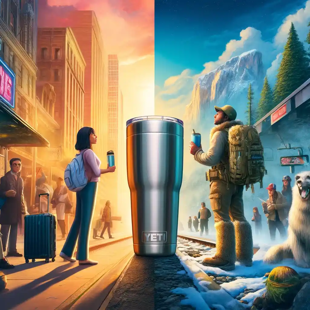 A vibrant scene showing an urban commuter and an outdoor adventurer side by side, each holding a Yeti 20 oz Tumbler, against a backdrop of city life and nature.