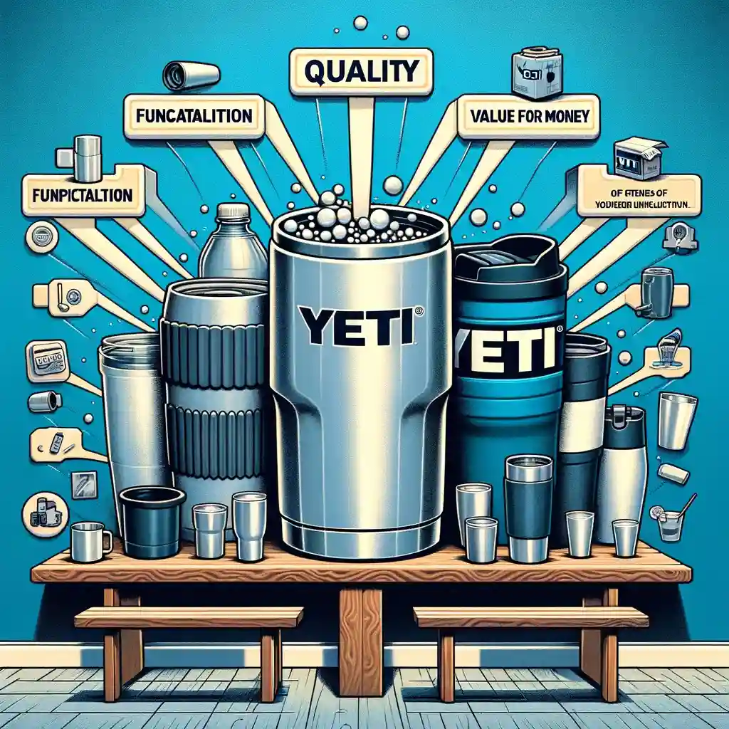 Comparative image showcasing the Yeti 16 oz tumbler on the left with highlighted features of durability and insulation against generic tumblers on the right, illustrating the difference in quality, functionality, and value.